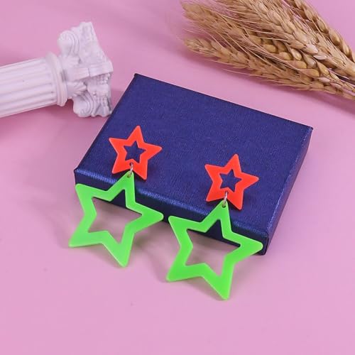 Colorful 80s 90s Neon Star Earrings for Women Retro Glow Party Costume 80s 90s Acrylic Dangle Earrings Outfit - style: Symmetrical Orange and Green