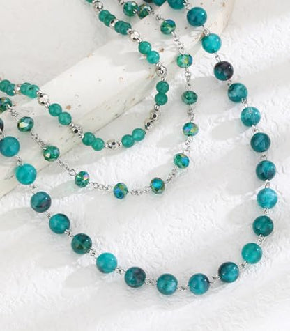 Noessla Layered Beaded Necklaces for Women - 3 Strand Boho Statement Choker Fashion Jewelry Gifts - color: Green