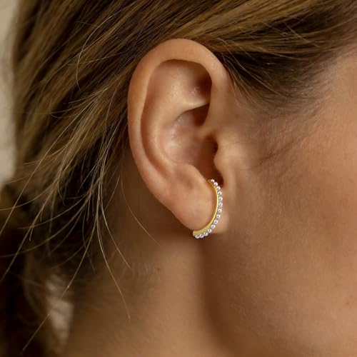 CZ Suspender Cuff Stud Earrings Wrap Earlobe Silver Post Cubic Zirconia Minimalist Jewelry for Women - color: Gold Full Pearl