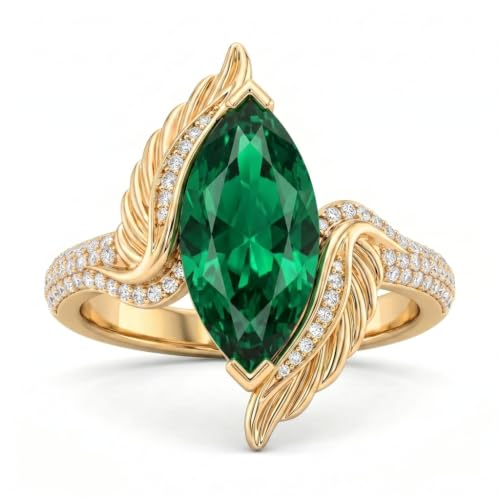 WSX Marquise Cut Gemstone Statement Ring for Women 10K 14K 18K Gold Vintage Feather Design Gemstone Promise Rings Jewelry Gifts - color: Emerald