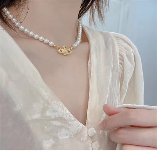Dreuyet Saturn Pearl Necklace and Earrings Set Crystal Planet Earrings Dainty Artificial Pearl Choker Necklace Charm Gifts for Mum Wife Wedding Birthday Anniversary - color: Gold