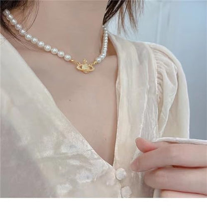 Dreuyet Saturn Pearl Necklace and Earrings Set Crystal Planet Earrings Dainty Artificial Pearl Choker Necklace Charm Gifts for Mum Wife Wedding Birthday Anniversary - color: Gold