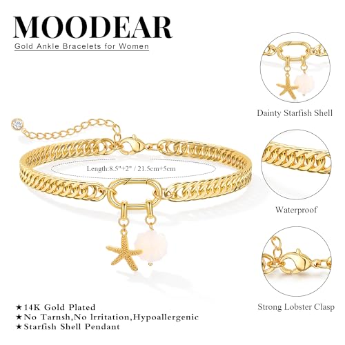 Moodear Gold Ankle Bracelets for Women Waterproof,14K Gold Plated Anklets | Waterproof, Non Tarnish Cuban Link Anklets, Trendy Jewelry Accessories for Summer Vacation, Beach Gifts for Women - style: Cuban Starfish Shell