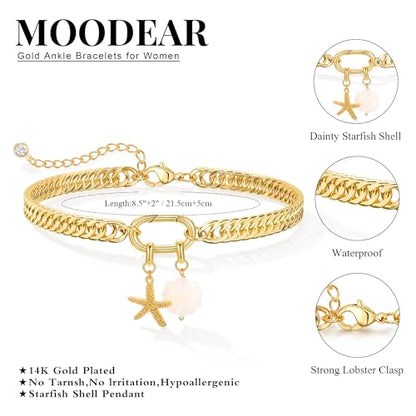 Moodear Gold Ankle Bracelets for Women Waterproof,14K Gold Plated Anklets | Waterproof, Non Tarnish Cuban Link Anklets, Trendy Jewelry Accessories for Summer Vacation, Beach Gifts for Women - style: Cuban Starfish Shell