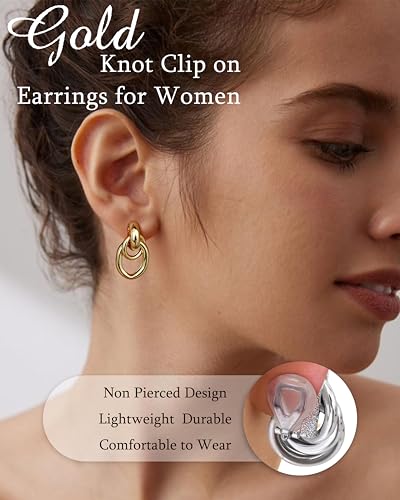 FIBO STEEL 1 Pair Clip On Earrings for Women Non Pierced Ears | Chunky Knot Link, Geometric Statement Colorful Dangle Clip Earrings, Trendy Jewelry Gift - color: Link 14K Gold Plated