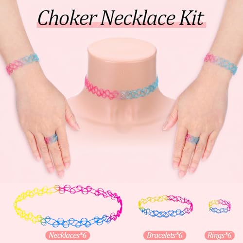 18 Pcs 90s Tattoo Choker Necklace, Bracelet & Ring Set Stretch Gothic Black Lace Vampire Accessories Retro Grunge Aesthetic Tattoo Effect Jewelry Accessories for Women - color: Rainbow