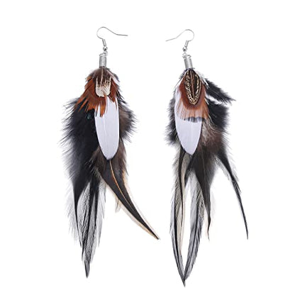 Bohemian Pheasant Peacock Long Feathers Statement Earrings Handmade Natural Lightweight Feather Dangle Earrings for Women (ea000071) - color: Black&White