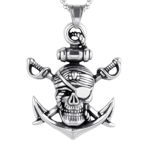 Stainless Steel Gothic Y2K Punk Rock Emo Biker Pendant Necklace | Cosplay Vintage Viking Alt Edgy Fashion Charm Necklace Jewelry for Men Women Active Daily Wear - style: Skull Pirate Anchor