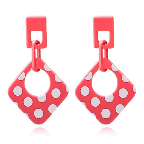 Handmade Lightweight Retro Polka Dot Square Hollow Round Dangle Drop Earrings Unique Chic Resin Geometric Stud Earrings For Women - style: Pink Chain
