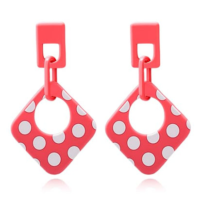 Handmade Lightweight Retro Polka Dot Square Hollow Round Dangle Drop Earrings Unique Chic Resin Geometric Stud Earrings For Women - style: Pink Chain