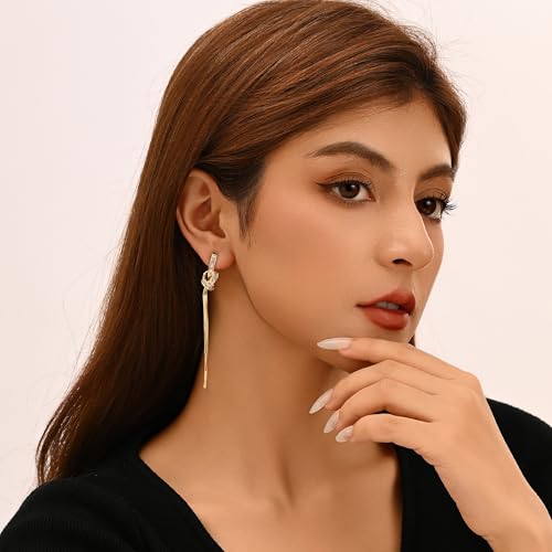 Dangle Earrings for Women, Sparkly Rhinestone Long Tassel Chain Earrings | 18K Gold or 18K White Gold Plated, 925 Sterling Silver Posts, Cubic Zirconia, Hypoallergenic, Tarnish Resistant, Lightweight - color: Gold