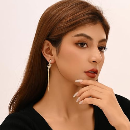 Dangle Earrings for Women, Sparkly Rhinestone Long Tassel Chain Earrings | 18K Gold or 18K White Gold Plated, 925 Sterling Silver Posts, Cubic Zirconia, Hypoallergenic, Tarnish Resistant, Lightweight - color: Gold
