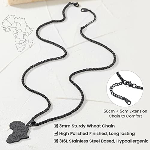 GOLDCHIC JEWELRY Africa Map Necklace for Men, Stainless Steel African Tribal/Egyptian Eye of Horus/I LOVE AFRICA/Elephant Map Hiphop Jewelry Unisex with 22'+2'Adjustable Chain - color: Africa Map - Black, style: Personalised Engraving