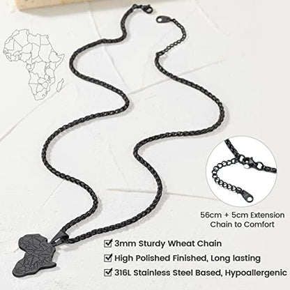 GOLDCHIC JEWELRY Africa Map Necklace for Men, Stainless Steel African Tribal/Egyptian Eye of Horus/I LOVE AFRICA/Elephant Map Hiphop Jewelry Unisex with 22'+2'Adjustable Chain - color: Africa Map - Black, style: Personalised Engraving