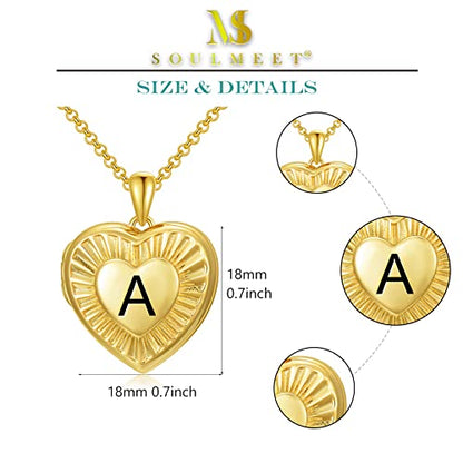 SOULMEET 10K 14K 18K Solid Yellow Gold/Plated Gold Locket Radiation Initial Heart Locket Necklace that Holds Pictures Personalized Photo Locket Necklace Alphabet A-Z - style: L-locket+photo+text