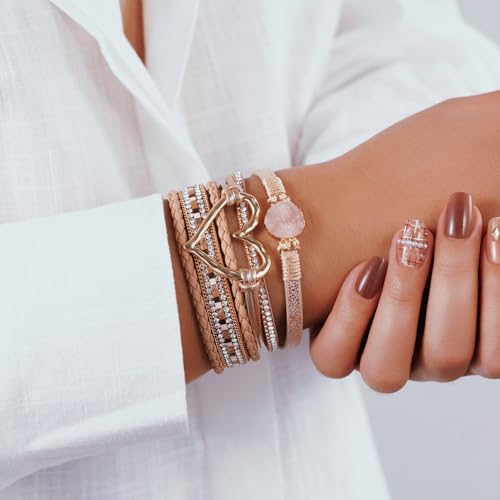 Boho Leather Wrap Bracelets Beaded Stackable Cuff Bracelet Country Concert Outfits Cowboy Cowgirl Western Jewelry Gifts for Women - color: Heart-Rose Gold