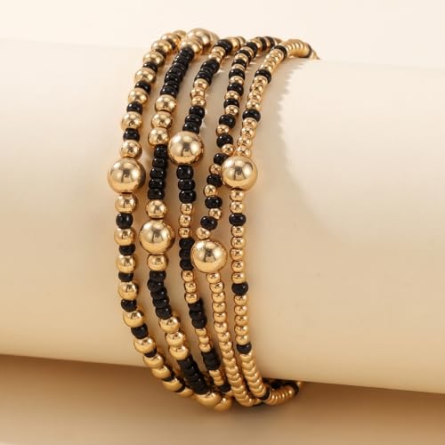 Gold Small Ball Seed Bead Stackable Bracelets Set For Women, Stretch Accessories Handmade Dainty, Daily Party Friendship Gift - color: Black