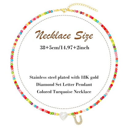 MJartoria Initial Necklaces for Women, Colorful Beaded Necklace, Shell Beach Necklace Letter Choker Handmade Jewelry Gifts - style: U