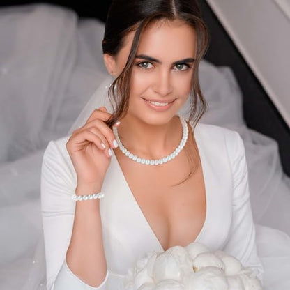 12 Pcs White Pearls Necklace Set 8mm Faux Pearl Necklace and Earring Set for Women Imitation Pearls Necklaces Dangle Earrings Bracelets Costume Jewelry Sets for Wedding Bridal Shower Birthday Gifts