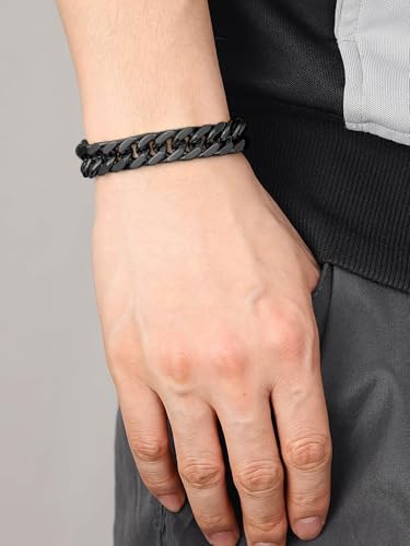 ChainsHouse Stainless Steel Cuban Link Bracelet, 6mm/8mm/12mm/17mm Width, 7.5"/8.3"/9", Black/ 18K Gold Plated Chain Wrist Bracelets for Men Women, Send Gift Box - color: T: Black-12mm width-custom