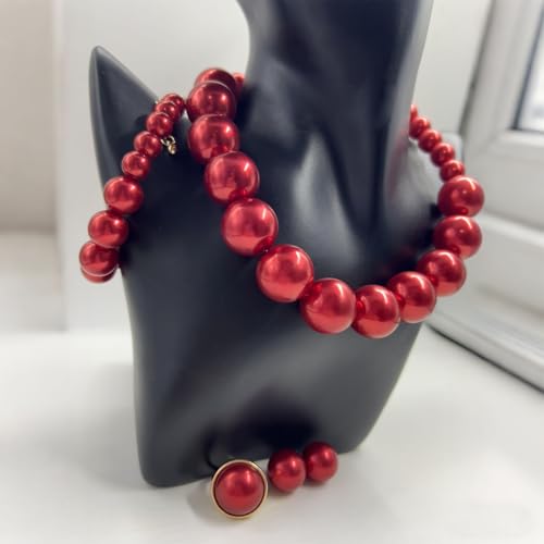 White Faux Pearl Necklace and Earrings Set Big Large Pearl Bead Ball Beaded Choker Necklace Black Pink Pearls Statement Bracelet Ring for Women - color: wine red