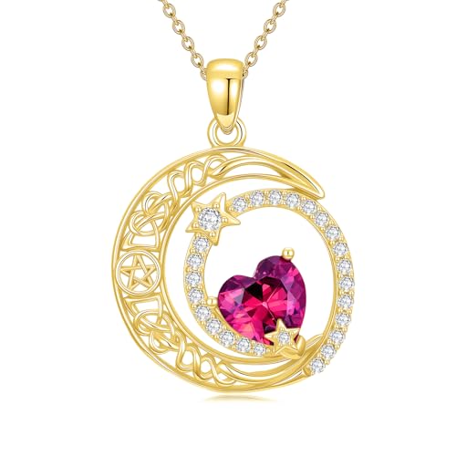 Midari 18K Yellow Gold Sun Moon Star Pendant Rose Flower Necklaces I Love You Forever Sun Moon Jewelry Gift for Mother Women - color: 07-Jul-Ruby, style: Moon&Star