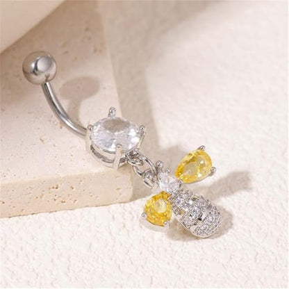14G Bee Dangle Belly Button Ring, Cubic Zirconia Crystal Honeybee Navel Piercing Barbell Belly Body Jewelry for Women - color: Silver