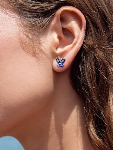 Suplight Butterfly Stud Earrings 925 Sterling Silver 14K Gold Brithstone Earrings for Women Brithstone Jewelry Gifts - color: 09.September ( Sapphire), size: Silver