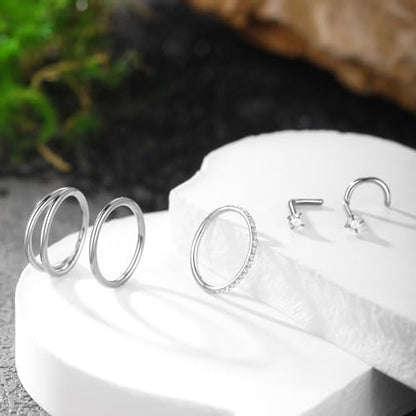 Xpircn 5pcs Hoop Nose Rings and L Shaped Nose Rings Stud Set 18G/20G Stainless Steel CZ Helix Conch Daith Tragus Cartilage Hoop Earrings for Women 6mm 7mm 8mm 10mm - color: Silver, size: 18G, 10mm hoop & 7mm studs