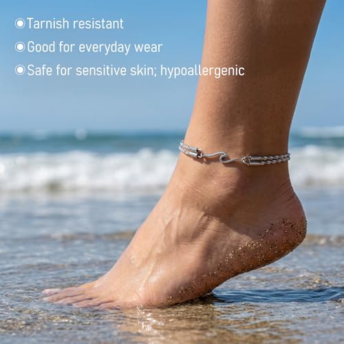 Womens Ankle Bracelets, Silver Double Layer Wave Anklet | Bestie Sister, Best Friend Birthday Gifts, Beach Jewelry