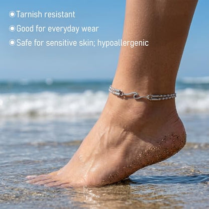 Womens Ankle Bracelets, Silver Double Layer Wave Anklet | Bestie Sister, Best Friend Birthday Gifts, Beach Jewelry