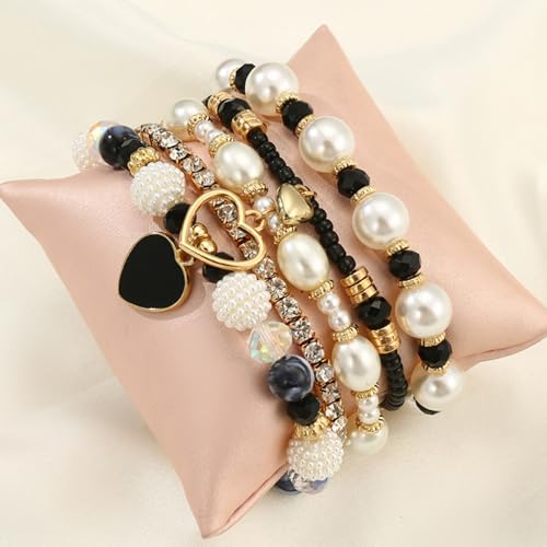 Bohemian Multilayered Faux Pearl Beaded Heart Pendant Crystal Zircon Stackable Multicolor Bracelets Set for Women Handmade Friendship Summer Beach Stretch Bangle Jewelry - color: black