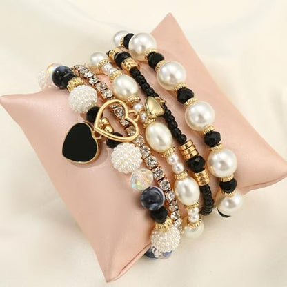 Bohemian Multilayered Faux Pearl Beaded Heart Pendant Crystal Zircon Stackable Multicolor Bracelets Set for Women Handmade Friendship Summer Beach Stretch Bangle Jewelry - color: black