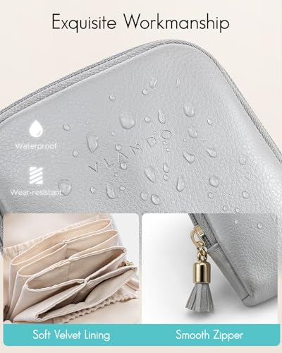 VLANDO Small Travel Jewelry Case,Velvet Pouch Bags with Zipper,Gray | Travel Essentials,PU Leather Organizer with 5 Divided Sections,Carry-On Totes,Gift for Birthday,Bride,Bridesmaid,Women,Girls - color: B.Grey