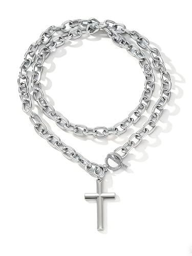 Chunky Gold Cross Necklace for Women Layered Necklace Retro Big Gold Cross Pendant Necklace Statement Chunky Chain Choker Necklaces Thick OT Buckle Chain Long Necklace Jewelry - style: Style1-silver