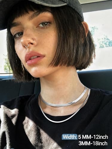 PROSTEEL 3mm/5mm Herringbone Choker Necklace for Women, 12.5"/15"/18", Stainless Steel/Sterling Silver Flat Snake Chain in Silver/Yellow Gold/Rose Gold/Black, Come with Box - color: 5mm-Stainless Steel, size: 12.5 Inch