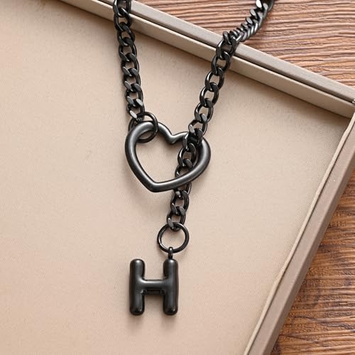 sroyte Black Heart Slip Chain Initial Necklaces for Women,Stainless Steel O-Ring Adjustable Lariat Heart Y-Necklace,Punk Gothic Cuban Collar Choker Necklace for women - color: Black H
