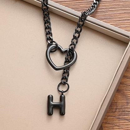 sroyte Black Heart Slip Chain Initial Necklaces for Women,Stainless Steel O-Ring Adjustable Lariat Heart Y-Necklace,Punk Gothic Cuban Collar Choker Necklace for women - color: Black H