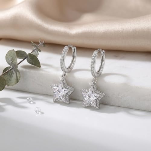 Sonateomber Christmas Tree Dangle Small Gold Hoop Earrings for Women, Cute Sparkly CZ Rhinestone Maple Clover Leaf Drop Earings Thanksgiving Holiday Accessories Fashion Jewelry Gift - color: Silver Star