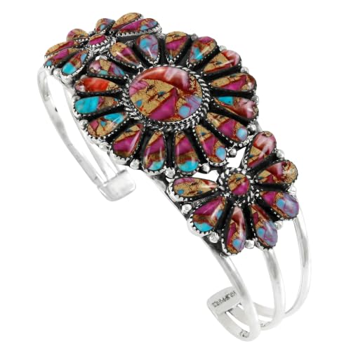 Southwest Style Genuine Gemstones 925 Sterling Silver Cluster Bracelet - color: Rainbow Spiny Turquoise
