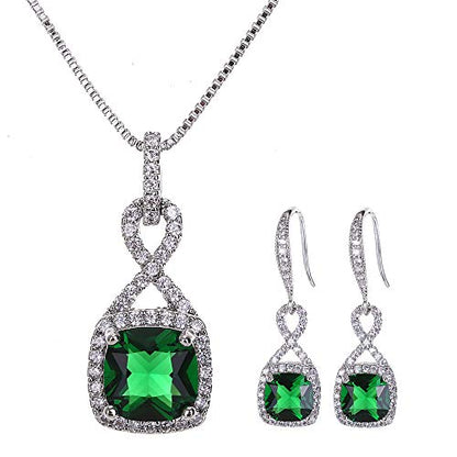 AMYJANE Crystal Jewelry Set for Women - Sterling Silver Square Cubic Zirconia CZ Bridal Pendant Necklace Earrings Set for Wedding Bride Bridesmaids Birthstone Fashion Jewelry Set - color: Emerald