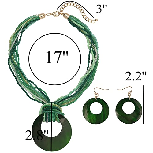 Coiris Multi Strand Statement Colorful Beaded Necklace with Big Circle Shell Pendant for Women - color: Dark Green