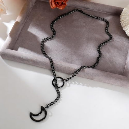 Slip Chain Choker for Women Handmade Black Stainless Steel Cuban Chain Chunky Moon Bat Raven Skull Pendant Gothic Punk Rock Collar Adjustable Lariat Y Necklace for Men - style: Black Moon