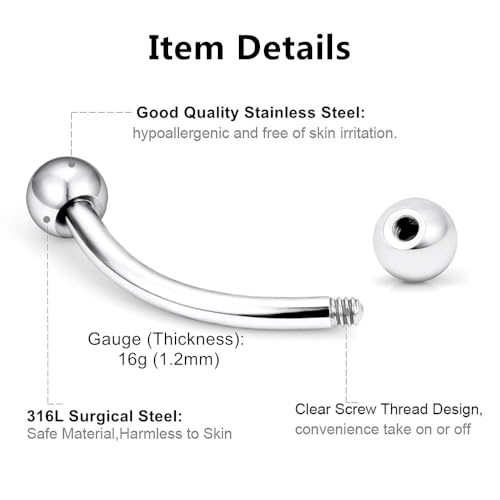 Bulk 20pc 16G Surgical Steel Curved Barbell 6mm-14mm Eyebrow Bar Ball Cone Ring Ear Piercing Jewelry Set - color: Shape: Ball, size: Bar Length: 8mm