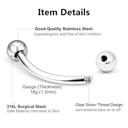 Bulk 20pc 16G Surgical Steel Curved Barbell 6mm-14mm Eyebrow Bar Ball Cone Ring Ear Piercing Jewelry Set - color: Shape: Ball, size: Bar Length: 12mm
