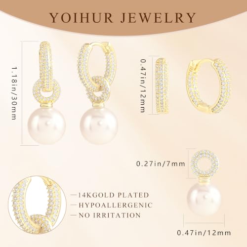 YOIHUR Drop Dangle Pearl Earrings for Women, Dainty 14K Gold Plated Pearl Hoop Earrings Hypoallergenic Wedding Pearls Dangle Earrings Jewelry Gift for Women Bridal - color: Gold -Lighting CZ Pearl Earrings