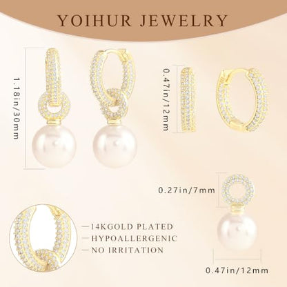 YOIHUR Drop Dangle Pearl Earrings for Women, Dainty 14K Gold Plated Pearl Hoop Earrings Hypoallergenic Wedding Pearls Dangle Earrings Jewelry Gift for Women Bridal - color: Gold -Lighting CZ Pearl Earrings