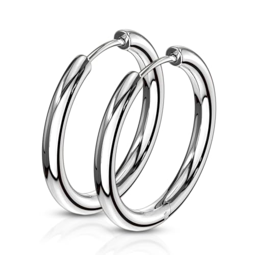 316L Stainless Steel 2.5mm Thick Round Hinged Hoop Earrings, Sold as a Pair - color: Silver Tone, size: 16mm Diameter