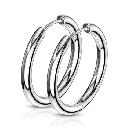 316L Stainless Steel 2.5mm Thick Round Hinged Hoop Earrings, Sold as a Pair - color: Silver Tone, size: 16mm Diameter