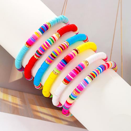 Friendship Bracelets for Women - Heishi Surfer Colorful Smile Evil Eye Clay Beaded Stretch Bracelets Elastic Layering - Stackable Boho Disc Y2K Aesthetic Summer Jewelry Set. - color: Heishi-6pc-colorful